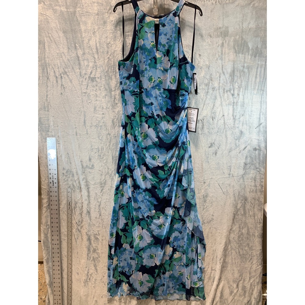 Betsy & Adam Blue Green Floral Mesh Halter Maxi Dress Rhinestone 16W B287W